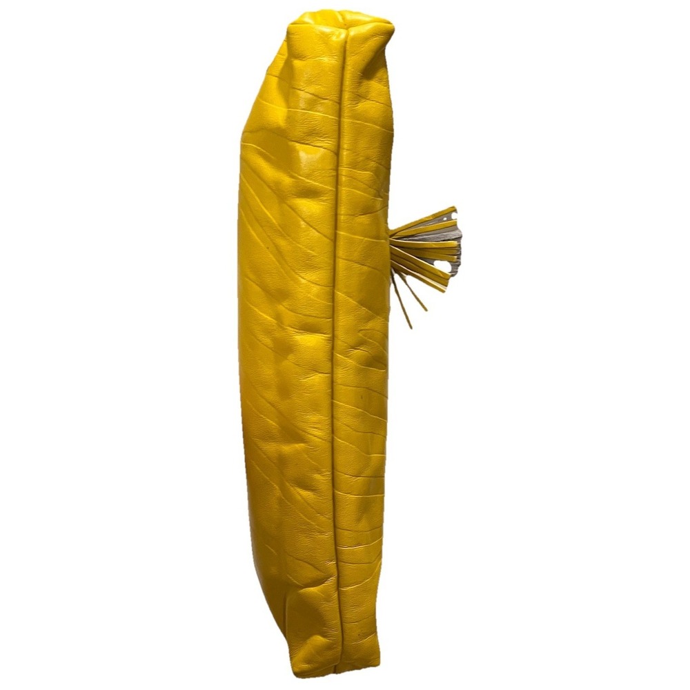 Vtg 80's Leather Shoulder Bag Clutch Hinged Yellow Black Tassel Party Club Retro - Picture 7 of 9